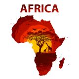 ภาพเวกเตอร์   -  ภาพสัตว์  และพระอาทิตย์ตกดิน  บนแผนที่แอฟริกา  (สามารถ ดาวน์โหลดภาพ ประกอบนี้ได้ฟรี)---Animals and Sunset Land of Africa Map Vector Poster (Free Download Illustrations)