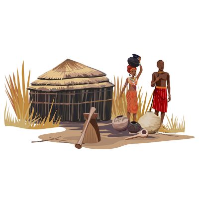 ภาพเวกเตอร์   -  ชีวิตในป่า แอฟริกา  และชายหญิง พร้อมเต็นท์  (สามารถ ดาวน์โหลดภาพ ประกอบนี้ได้ฟรี)--- Wild Life in Africa Man and Woman with Tent Vector Poster (Free Download Illustrations) 