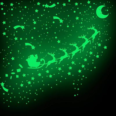 Glow in Dark Reindeer Santa Claus Stars and Moon Wall Decals, for Merry Christmas Theme Party Home Decorations