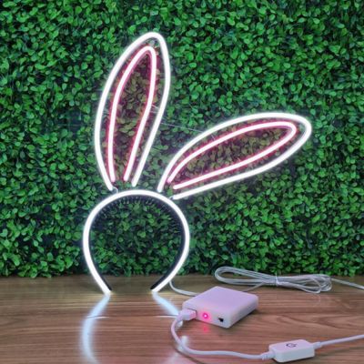 LED Neon Headband PINK BIG Rabbit (Straight Ear), Size 27x23cm