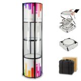 81" Round Portable Aluminum Spiral Tower Display Case with Shelves, Top Light and Clear Panels