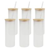 CALCA 25pcs 25oz Sublimation Blanks Frosted Glass Tumbler Skinny Straight Travel Bottle with Bamboo Lid and Plastic Straw Jar Tumbler Cups Mugs