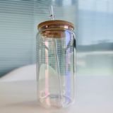 CALCA 50pcs Sublimation  Clear Rainbow Iridescent Glass Can Blanks with Bamboo Lid Mason Jar Cups Mug With Plastic Straw