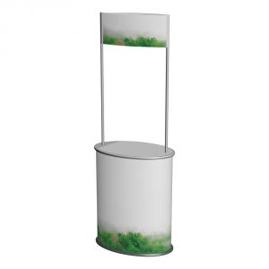เค้าเตอร์หรือโต๊ะชวนชิมรูปทรงวงรีแบบมีแผ่นติดกราฟฟิคด้านบน (Oval Shape Portable Trade Show Counter with Top Board)