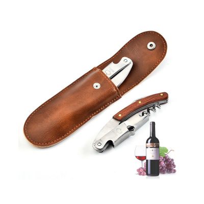 Stainless Steel Corkscrew Wine Bottle Opener Wood Handle and Leather Pouch
