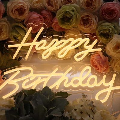 CALCA Happy Birthday Warm White Integrative Neon Sign for Birthday Party Decoration Size-18X7.05 inches+13.3X6.2 inches
