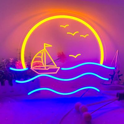 CALCA Sunset & Sea Neon Sign, Handmade Sunrise Neon Light Sign for Bedroom Wall USB 5VDC  Size- 16.9X12.9inches